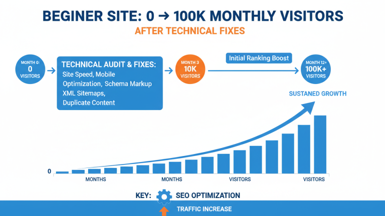beginner site going from 0 → 100k monthly visitors after technical fixes